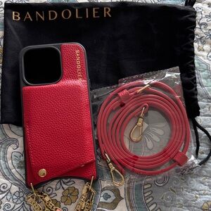 Bandolier red Leather Phone Case with Gold Accents Fits iphone 15pro